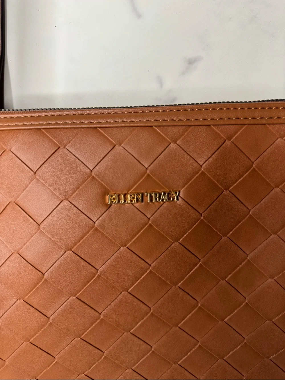 NWT Ellen Tracy Woven Laptop Tote Bag Brown Work Office